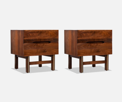 Mid-Century Modern Sculpted Walnut Night Stands with Brass Accent 