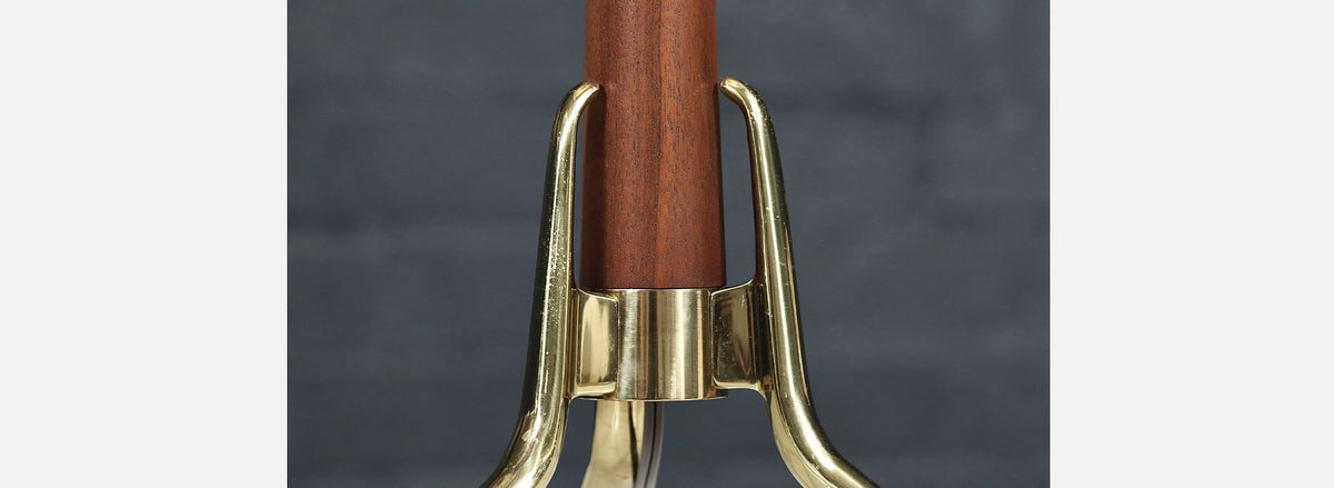 Gerald Thurston Sculpted Tripod Brass & Walnut Table Lamp for Lightolier 