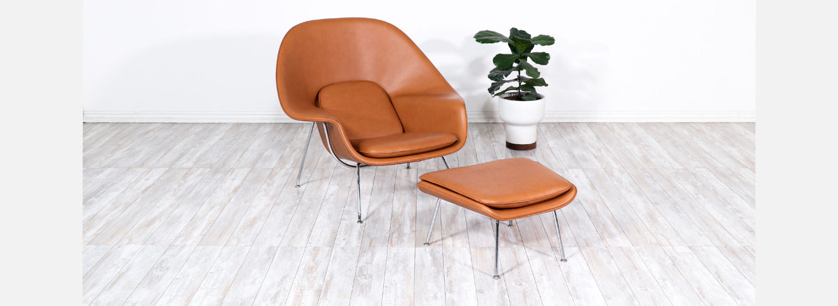 Vintage "Womb" Tan Leather Chair with Ottoman by Eero Saarinen for Knoll 
