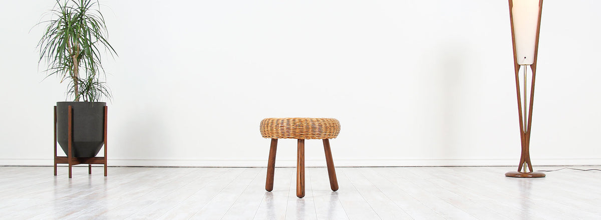 Mid-Century Tripod Wicker Stool 