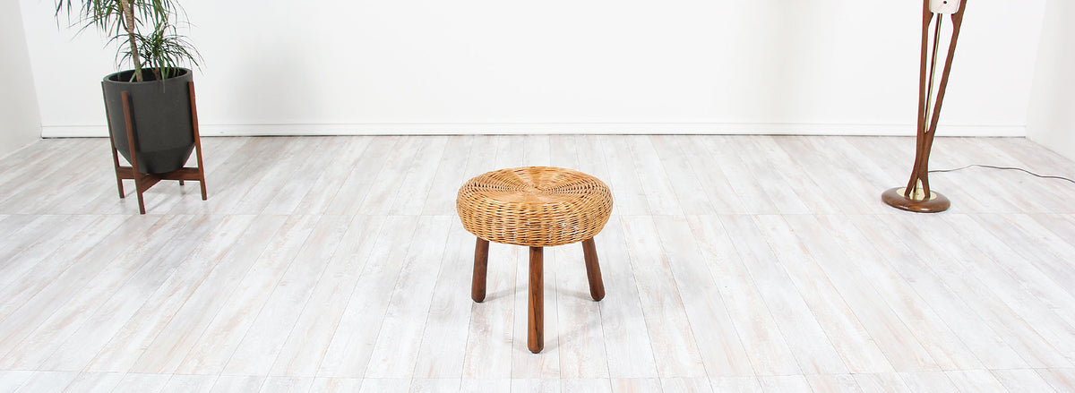 Mid-Century Tripod Wicker Stool 
