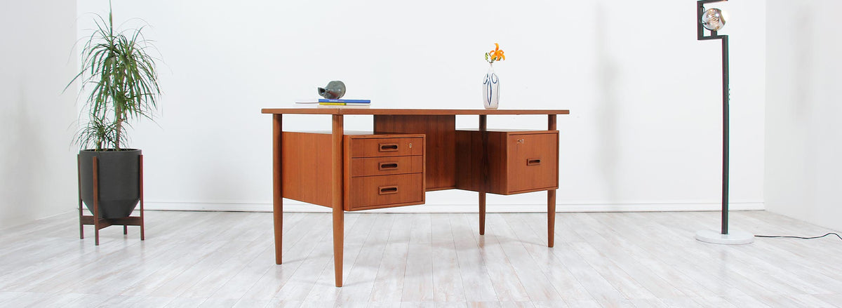 Danish Modern Floating-Top Desk with Bookshelf