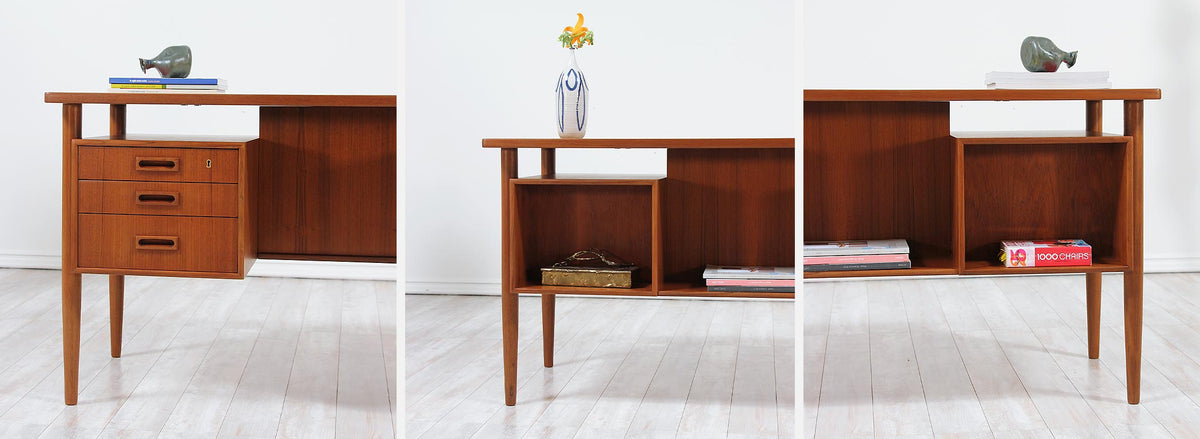 Danish Modern Floating-Top Desk with Bookshelf