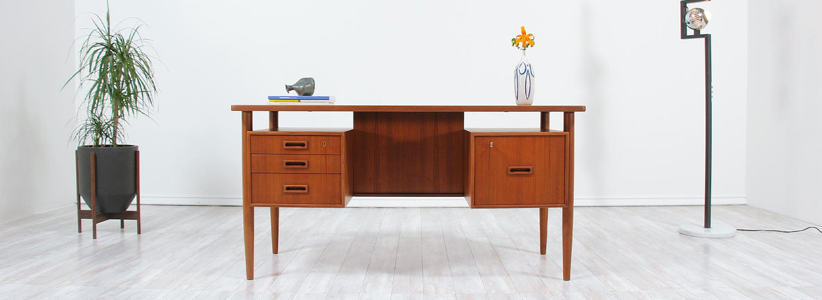 Danish Modern Floating-Top Desk with Bookshelf