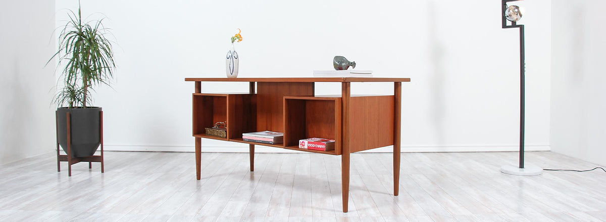 Danish Modern Floating-Top Desk with Bookshelf