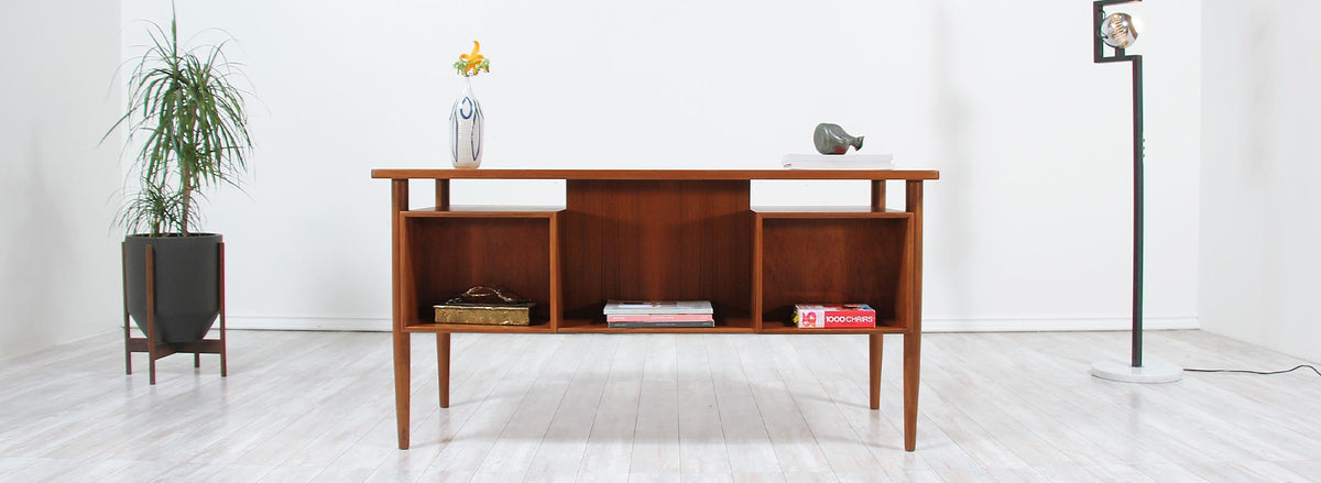 Danish Modern Floating-Top Desk with Bookshelf
