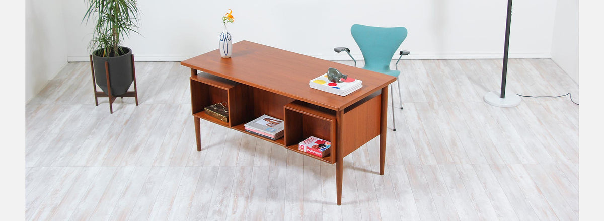 Danish Modern Floating-Top Desk with Bookshelf