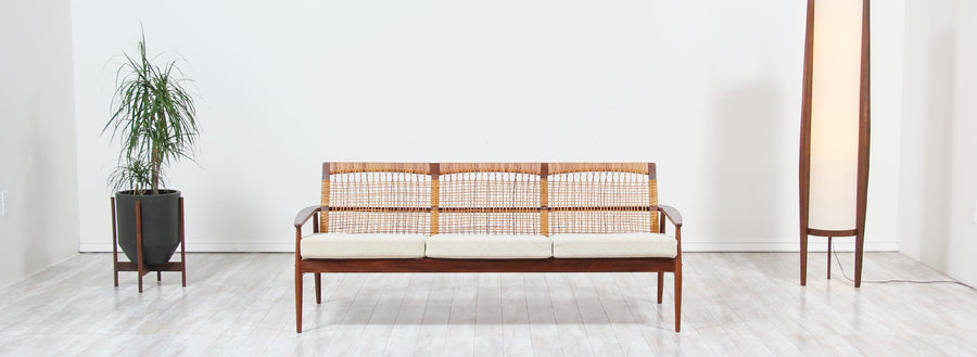Hans Olsen 3-Seater Teak & Cane Sofa for Juul Kristensen