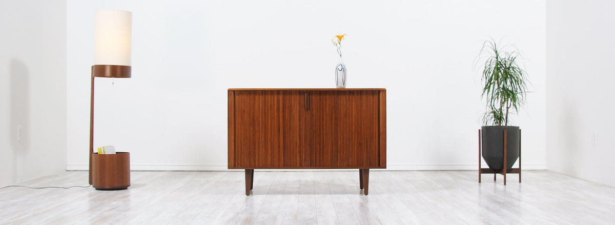 Mid-Century Modern Tambour-Door Walnut Credenza by Barzilay