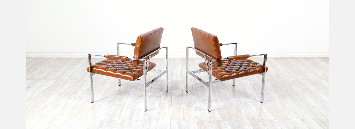 Milo Baughman Cognac Leather & Chrome Lounge Chairs for Thayer Coggin