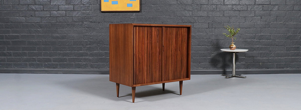 Milo Baughman Walnut Tambour Cabinet for Glenn of California