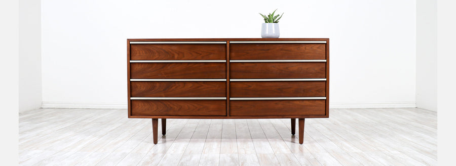 John Keal 8-Drawer Walnut Dresser with Brass Accents 