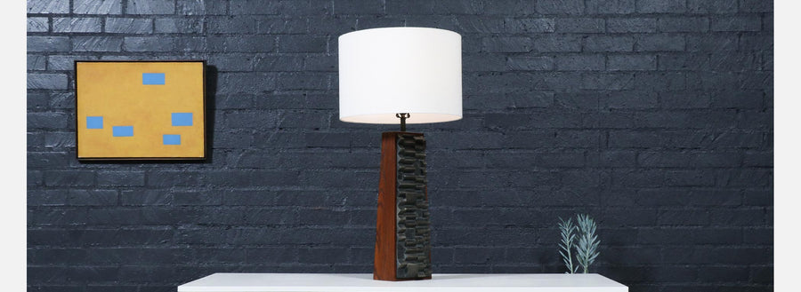 Laurel Brutalist Table Lamp w/ Geometric Metal Relief
