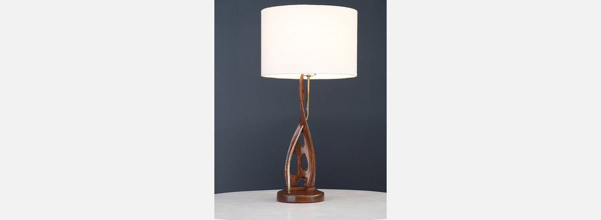 Mid-Century Modern Sculpted Wood & Brass Table Lamp by Lighthouse Co.
