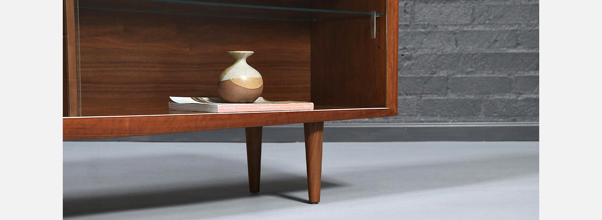 Mid Century Modern Low Walnut & Glass Bookcase Credenza