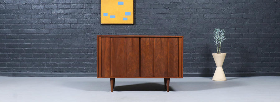 Californian Modernist Tambour-Door Walnut Credenza by Barzilay