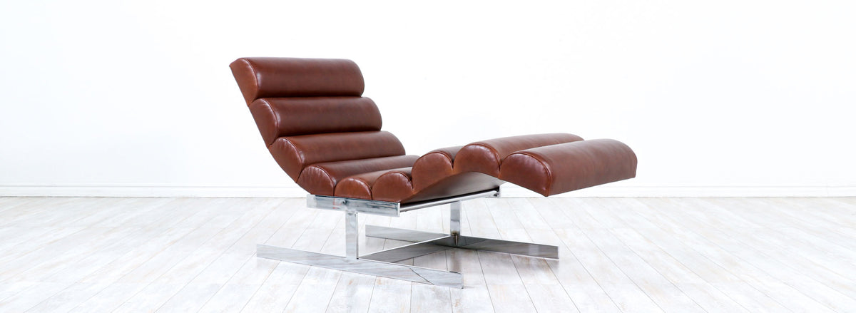 Mid-Century Modern Tufted Cognac Leather & Chrome Chaise Lounge