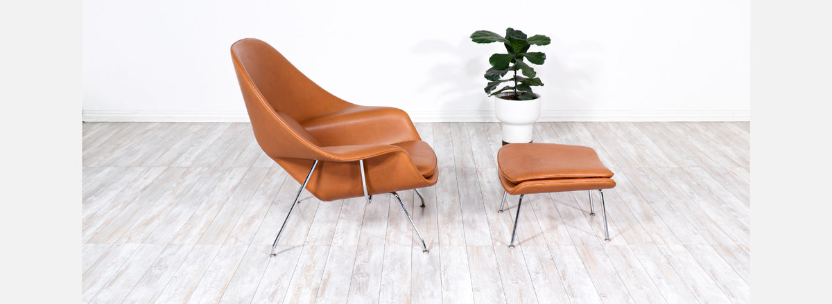 Vintage "Womb" Tan Leather Chair with Ottoman by Eero Saarinen for Knoll 