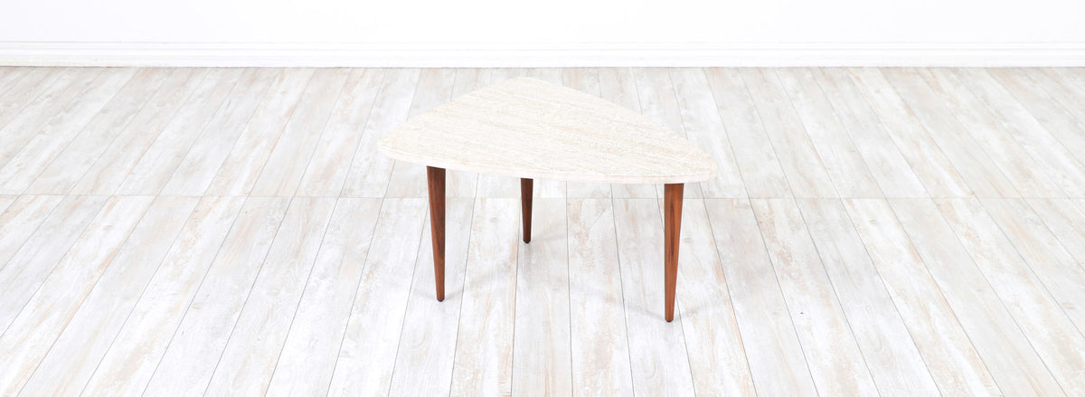 Mid-Century Modern Triangular Travertine Stone Top Side Table
