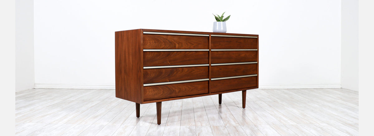 John Keal 8-Drawer Walnut Dresser with Brass Accents 