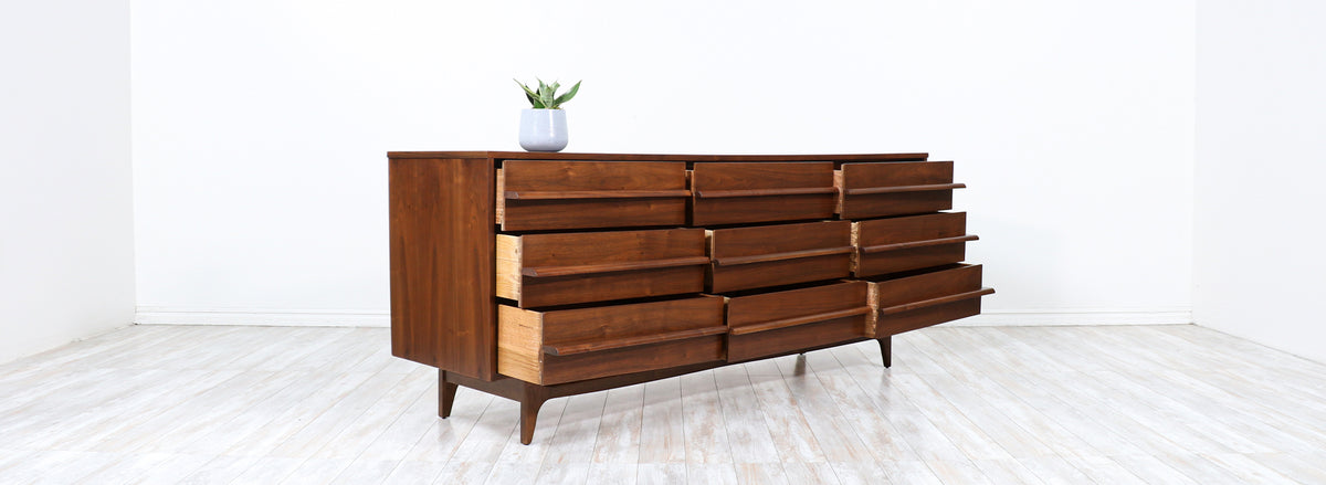 Mid-Century Modern Curved-Front Walnut Dresser by United Furniture