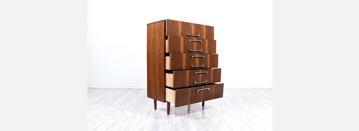 Mid-Century Modern Walnut Chest of Drawers with Sculpted Chrome Pulls