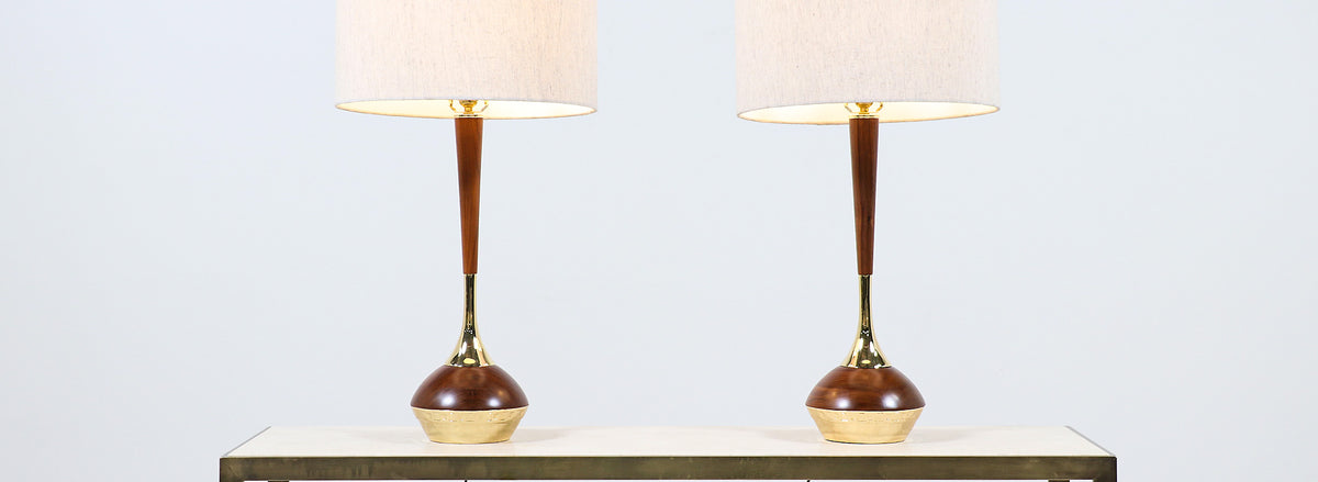 Mid-Century Modern Walnut & Brass Accent Table Lamps by Laurel 