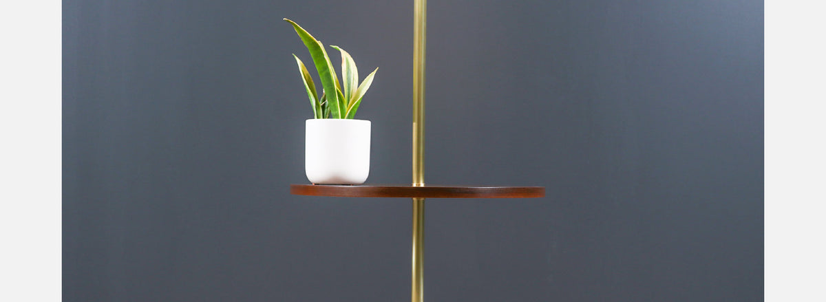Mid-Century Sculpted Brass Tripod Floor Lamp w/ Side Table by Laurel