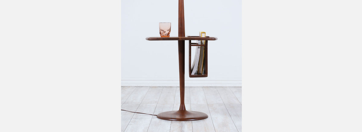 Mid-Century Sculpted Walnut Floor Lamp with Magazine Tray by Laurel 