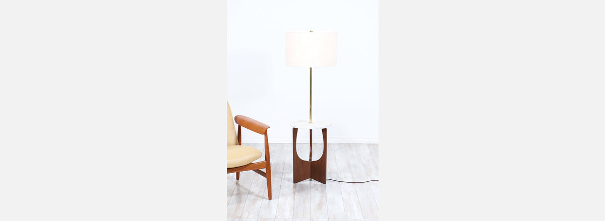 Mid-Century Modern Walnut Floor Lamp with Marble Side Table