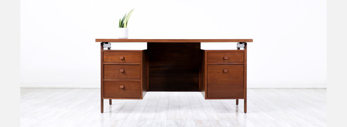 Mid-Century Modern Executive Walnut Desk with Floating Top