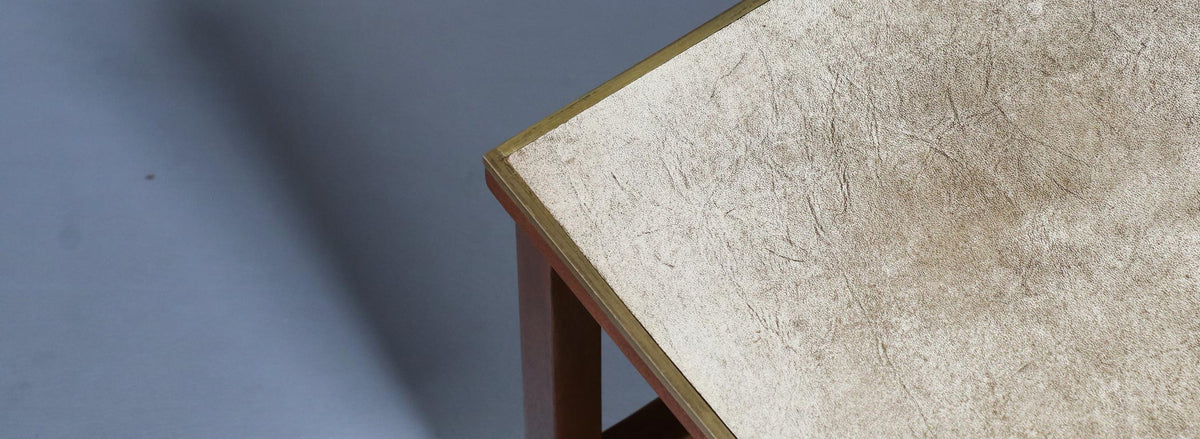 Paul McCobb Leather Top Side Tables w/ Cane Shelves for Calvin Furniture