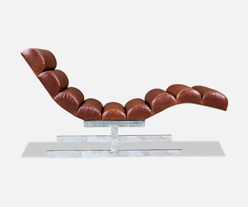 Mid-Century Modern Tufted Cognac Leather & Chrome Chaise Lounge