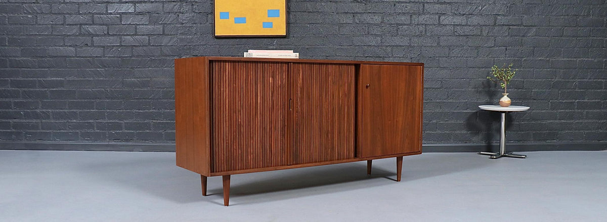 California Modernist Walnut Tambour-Door Credenza by Milo Baughman