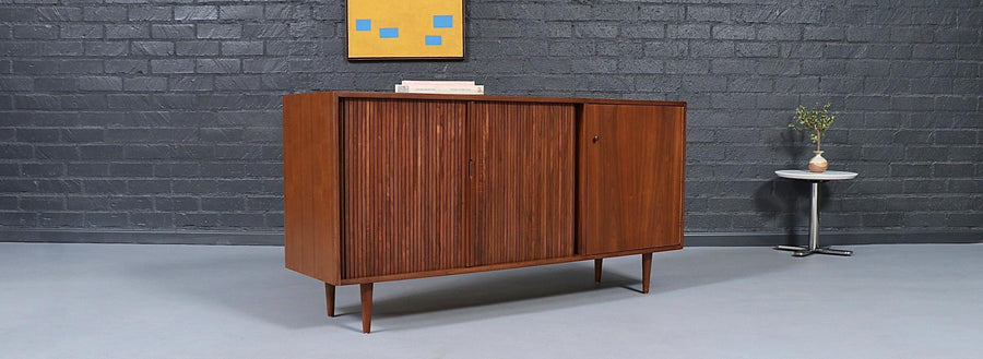 California Modernist Walnut Tambour-Door Credenza by Milo Baughman