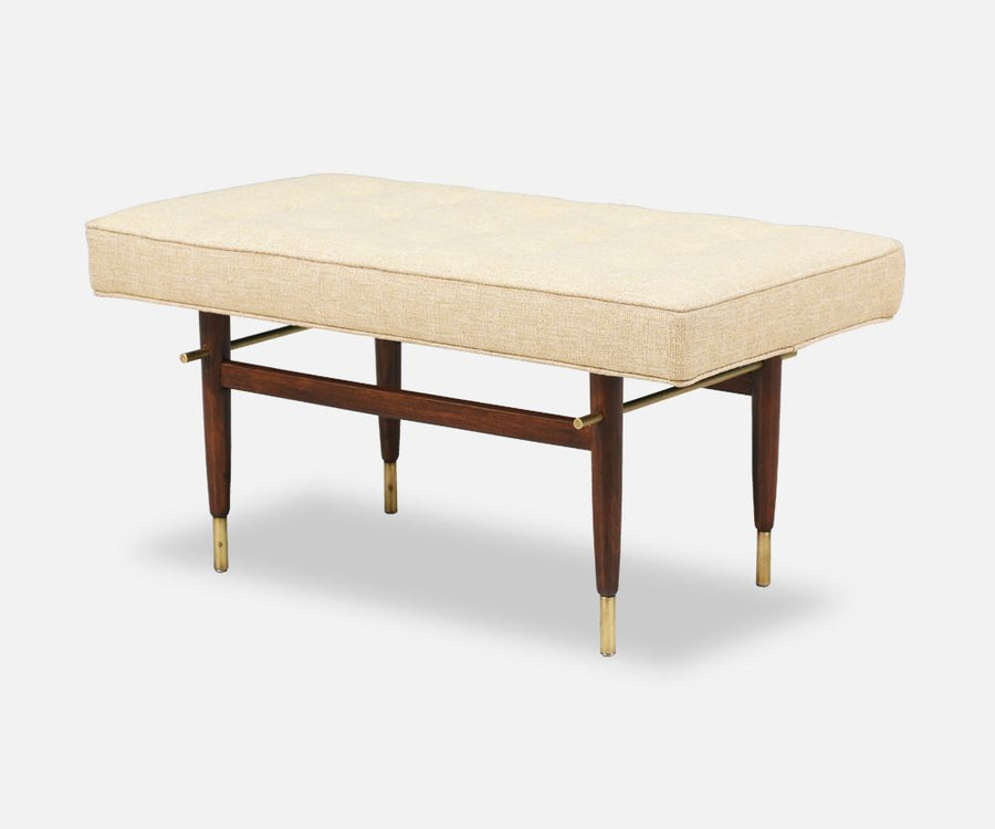 Mid-Century Brass & Walnut Tufted Bench