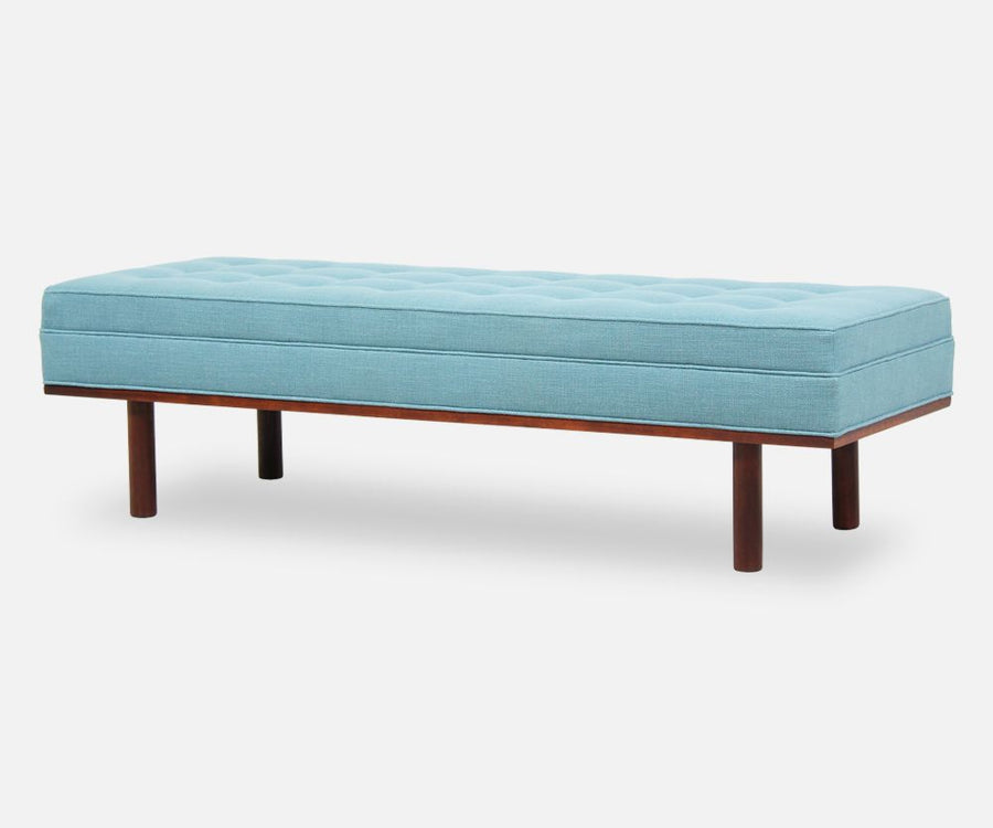 Mid-Century Tufted Bench with Accent Walnut Base