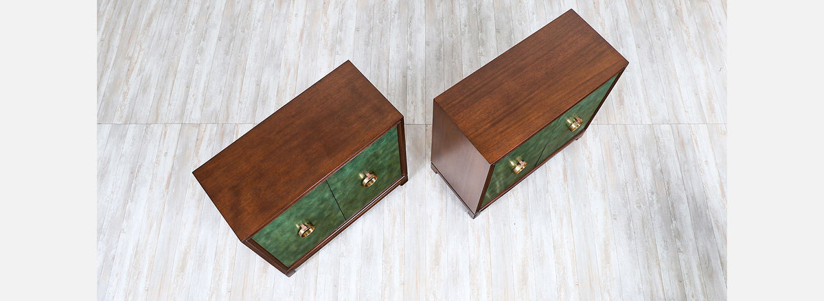 Tommi Parzinger Green Leather Front Cabinets With Brass Pulls for Charak Modern