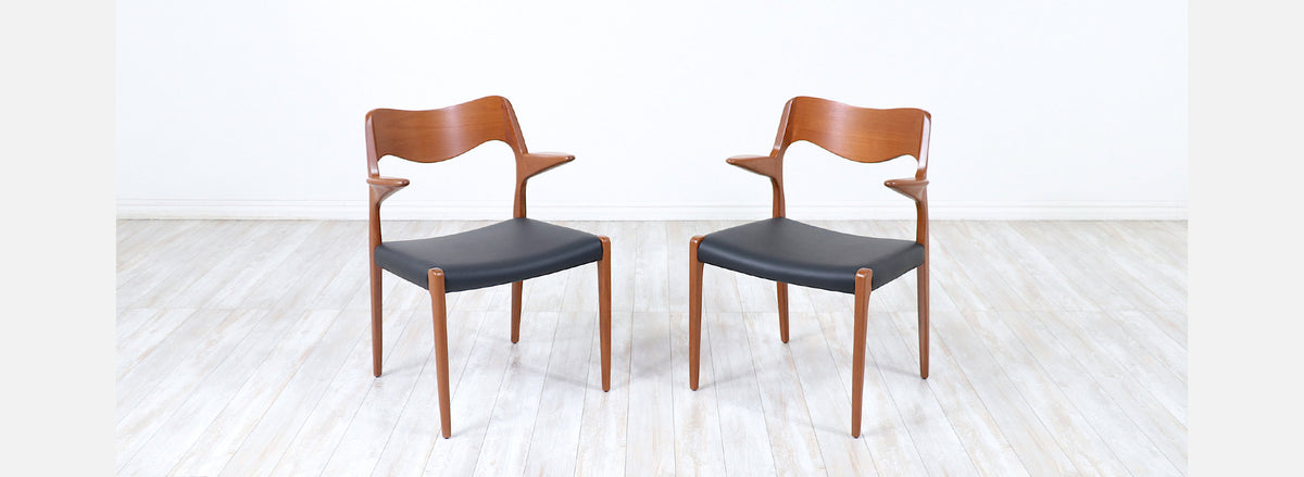 Niels Møller Model-71 Leather & Teak Arm Chairs for J.L. Møllers
