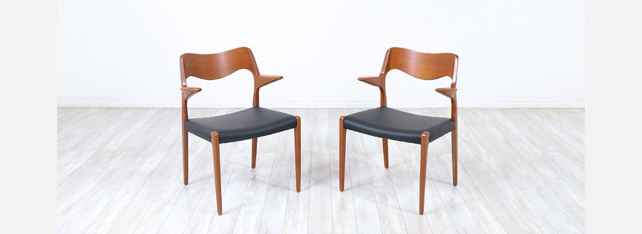 Niels Møller Model-71 Leather & Teak Arm Chairs for J.L. Møllers