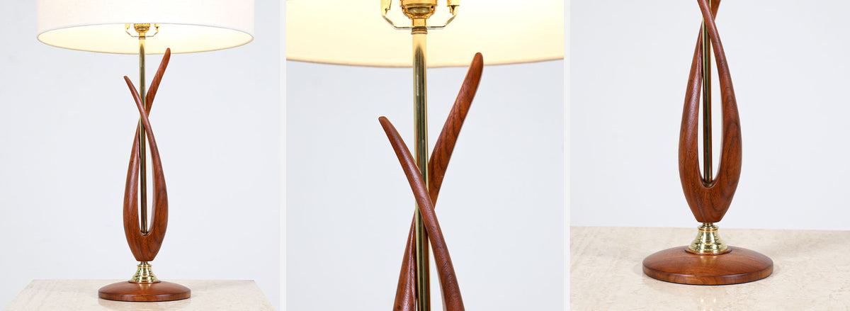 Mid-Century Modern Free-Form Sculpted Walnut & Brass Table Lamp