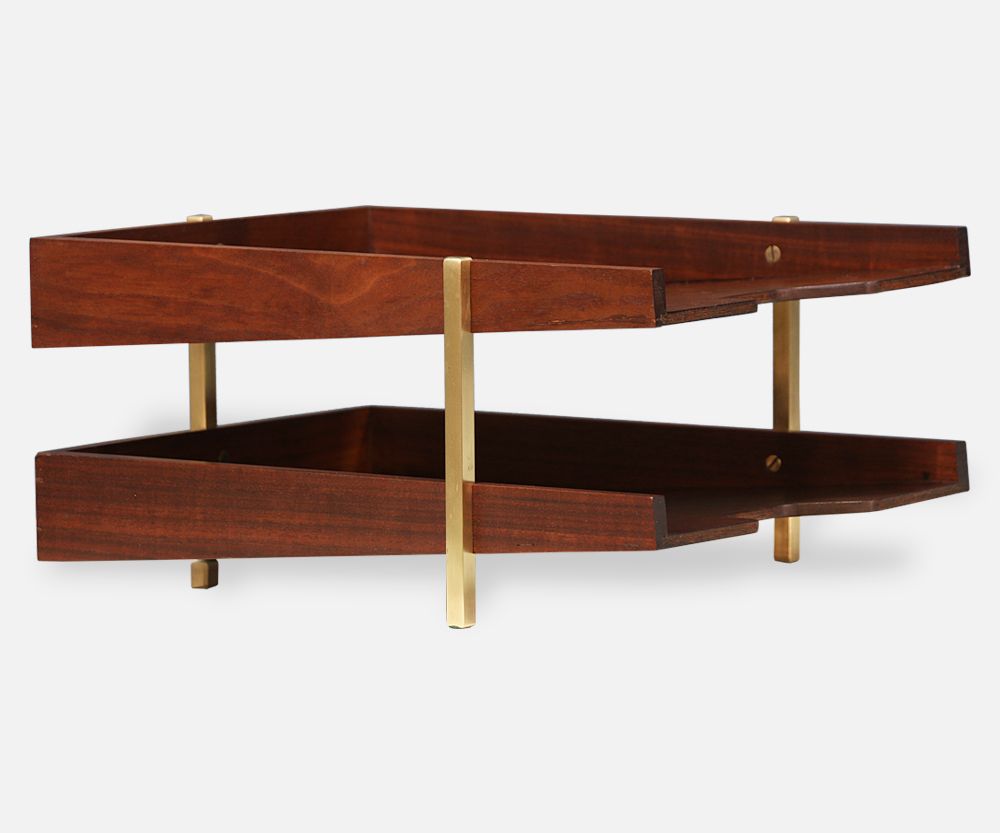 Mid Century Walnut & Brass Paper Tray Holder