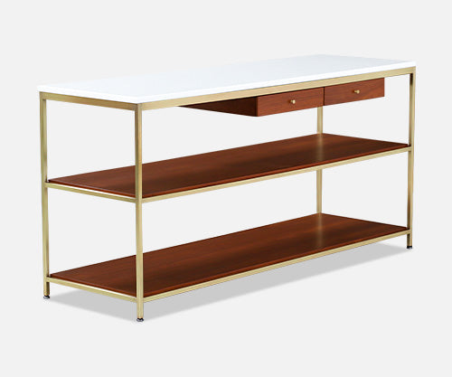 Paul McCobb "Irwin Collection" Vitrolite Glass & Brass Console Table for Calvin Furniture 