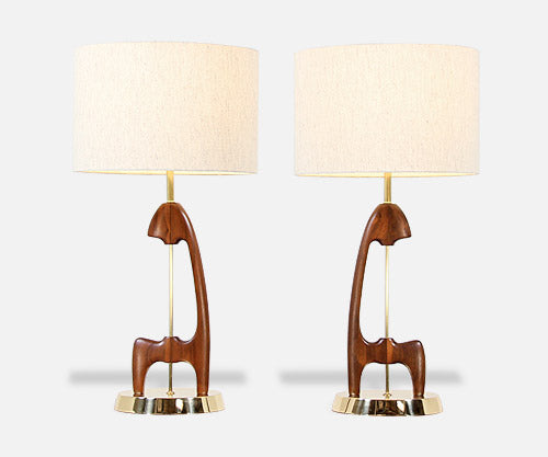 Mid-Century Modern Sculpted Walnut & Brass Table Lamps
