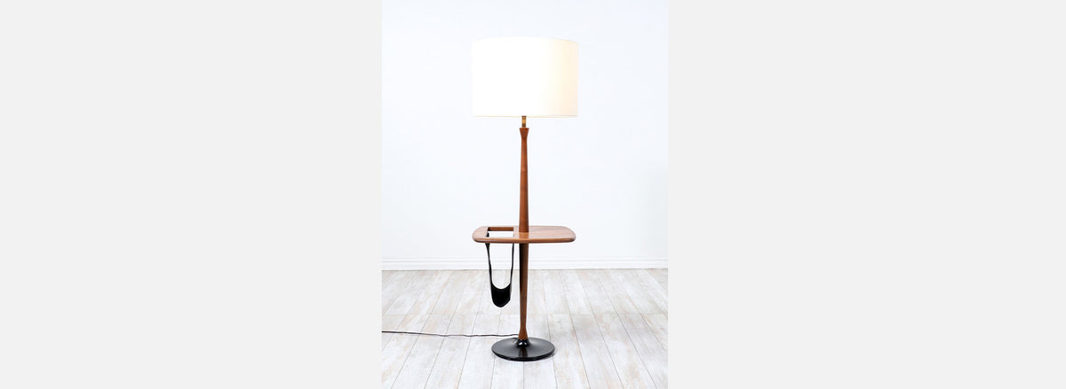 Mid-Century Modern Floor Lamp with Leather Magazine Holder by Laurel Lamp Co.