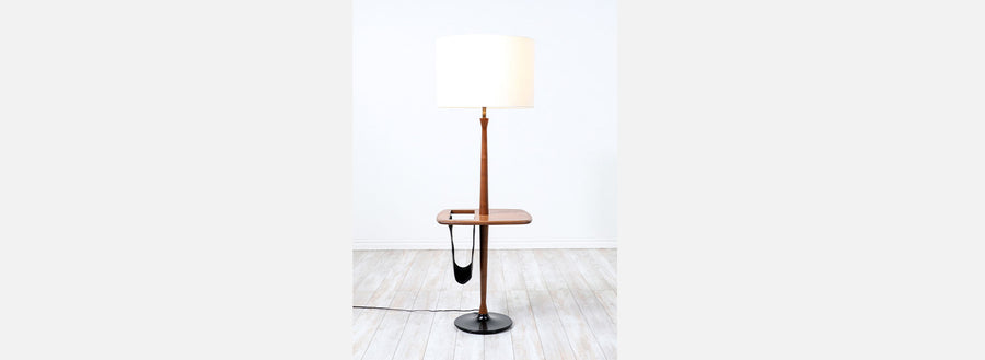 Mid-Century Modern Floor Lamp with Leather Magazine Holder by Laurel Lamp Co.