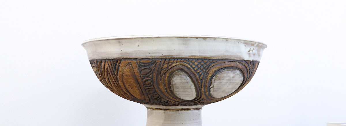 Mid-Century Modern Signed Large Ceramic Footed Bowl Vase