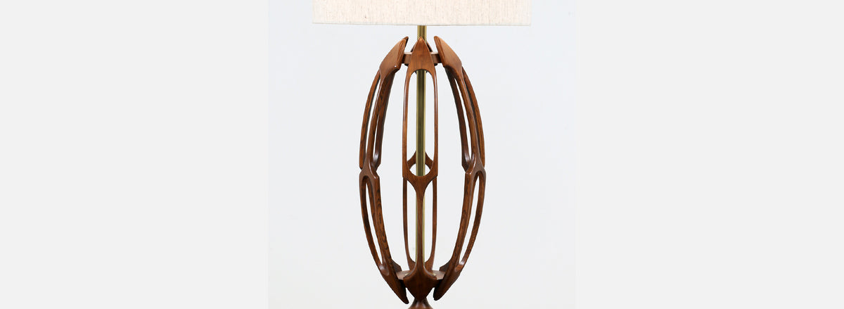 Mid-Century Modern Sculpted Walnut with Brass Accent Table Lamp
