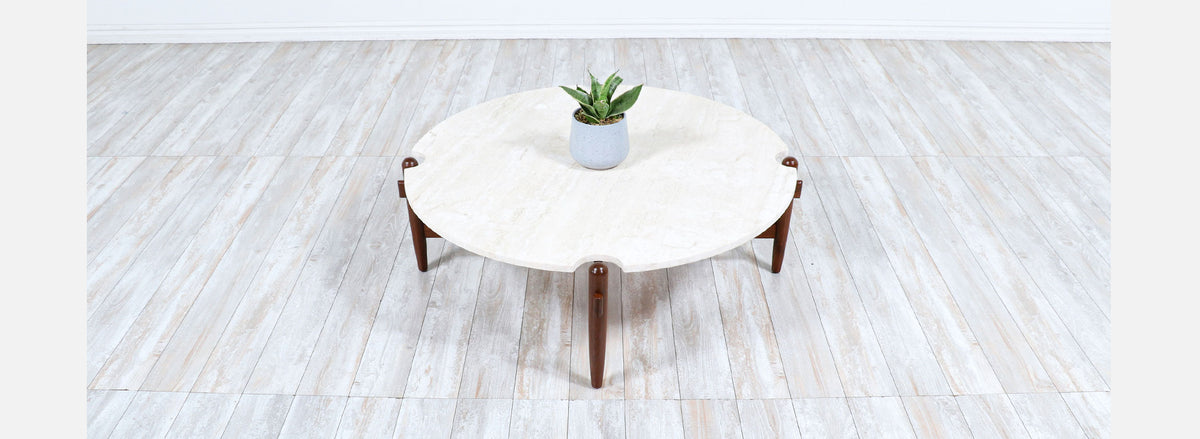Merton L. Gershun Sculpted Walnut & Travertine Stone Coffee Table for American of Martinsville