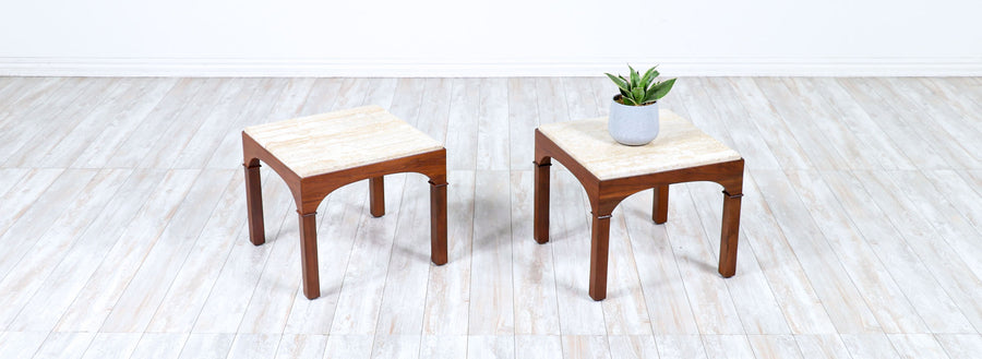 John Keal Travertine Top Side Tables for Brown Saltman 